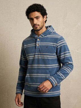 Vissla Mens Blue Striped Hooded Pullover Shirt Large Button Neck Surf Casual